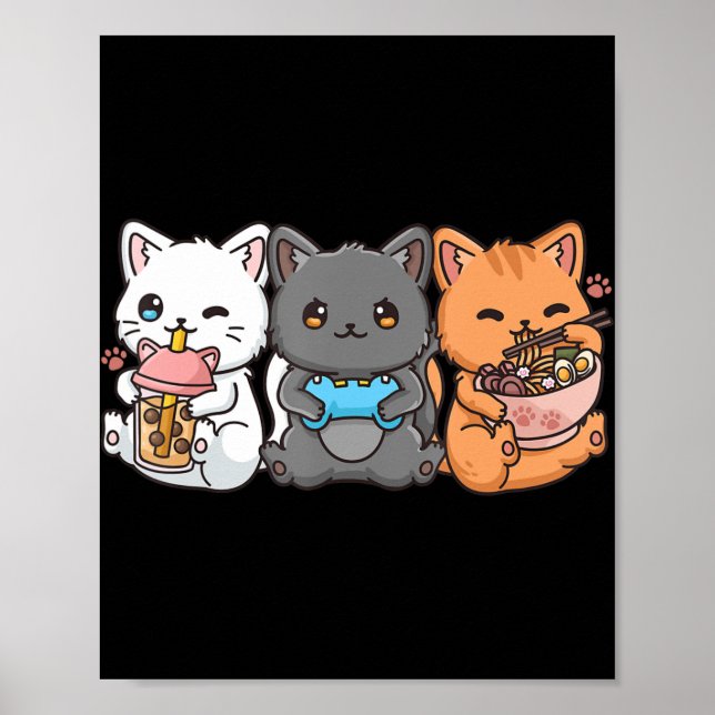 Póster Anime Boba Tea Bubble Tea Gaming Gamer Ramen Cat (Frente)