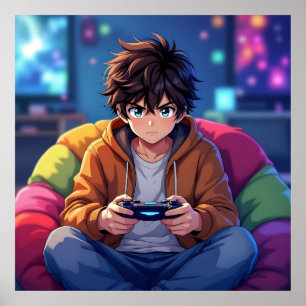 Póster Anime Boy jugando videojuego