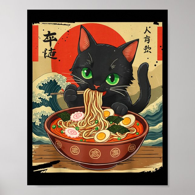 Póster Anime Cat Eating Ramen Japanese Art Graphic Cat Cu (Frente)