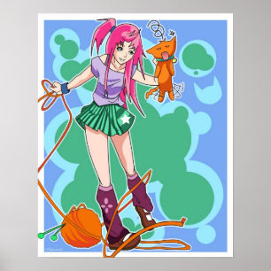 Póster Anime Cat Girl & Cat With Yarn Ball