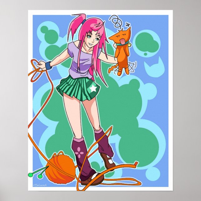 Póster Anime Cat Girl & Cat With Yarn Ball (Frente)