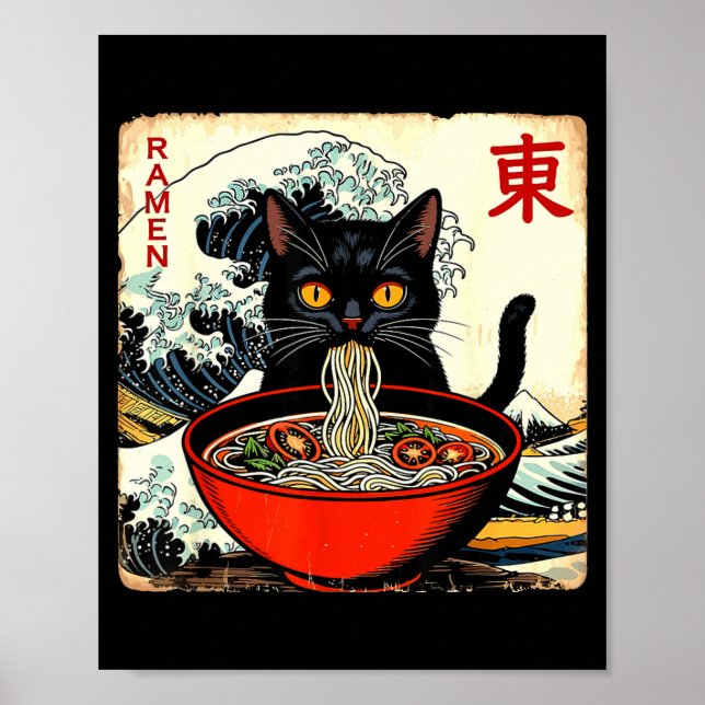 Póster Anime Cat Ramen Japanese Funny Graphic Tees Kawaii (Frente)