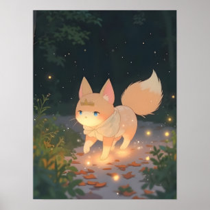 Póster Anime Celestial Fox en un bosque iluminado por est