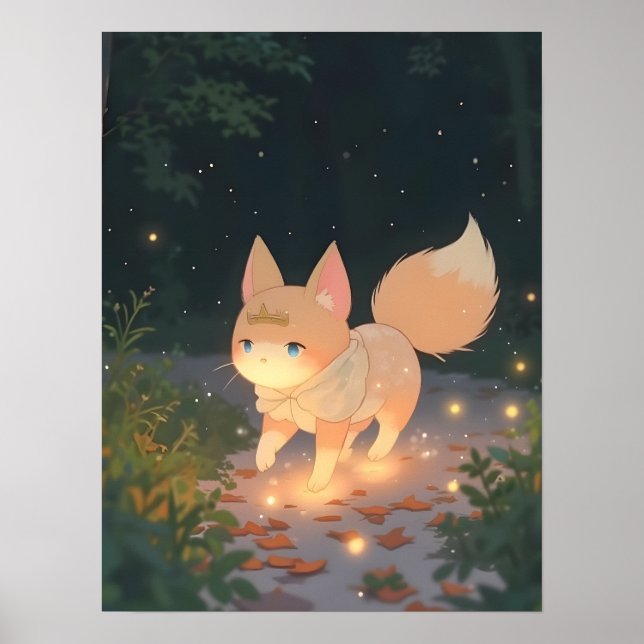 Póster Anime Celestial Fox en un bosque iluminado por est (Frente)