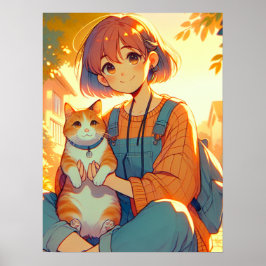 Póster Anime Chica Con Su Gato Favorito