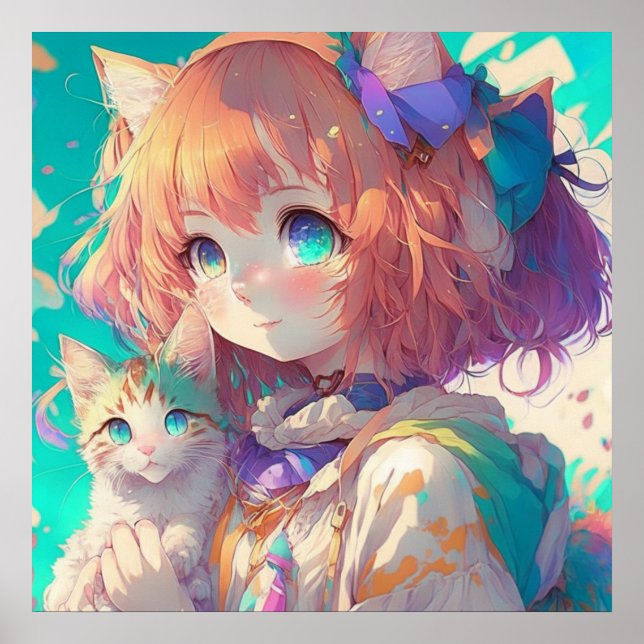 Póster Anime Chica sostiene un gatito adorable (Frente)