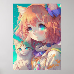 Póster Anime Chica sostiene un gatito adorable