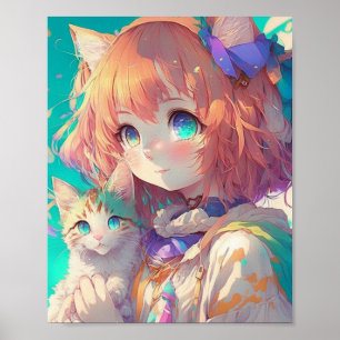 Póster Anime Chica sostiene un gatito adorable