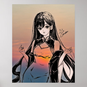 Póster Anime Chica y Sunset Costume Ilustracion Poster