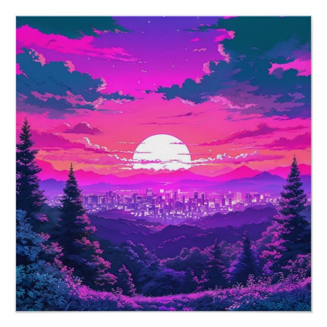 Póster Anime City Mountain Landscape Neon Sunset (Anverso)