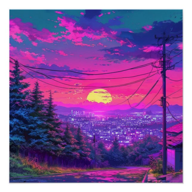 Póster Anime City Mountain Landscape Neon Sunset (Anverso)