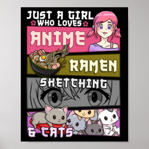 Póster Anime De Gato Ramen Esbozando Un Chica Que Ama