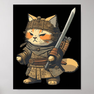 Póster Anime del gato de Samurai al estilo japonés kawaii