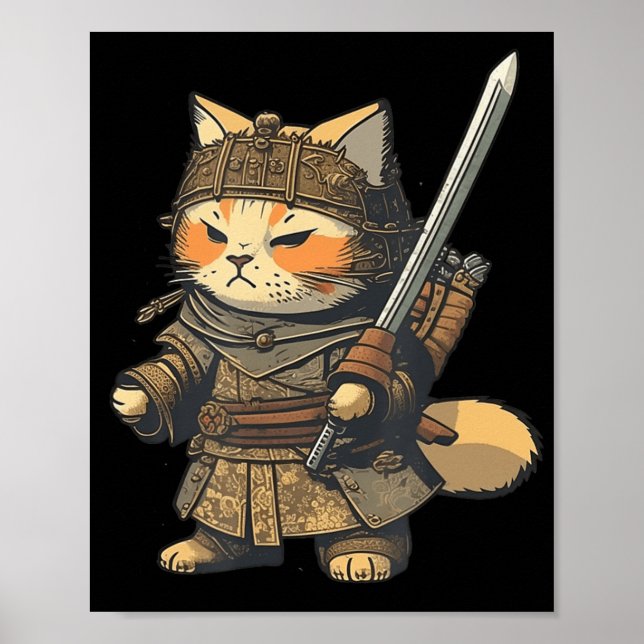 Póster Anime del gato de Samurai al estilo japonés kawaii (Frente)