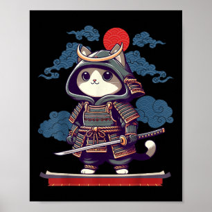 Póster Anime del gato japonés samurai tattoo Kawaii Ninja