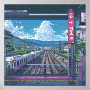 Póster Anime Estética Dentro De La Estación De Trenes Art