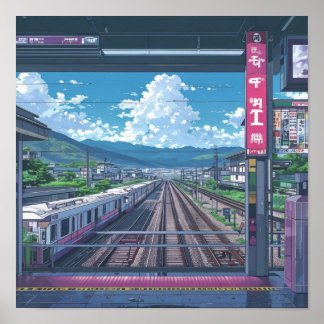 Póster Anime Estética Dentro De La Estación De Trenes Art