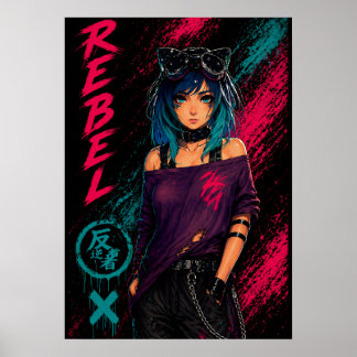 Póster Anime Girl Cyberpunk Neon Black