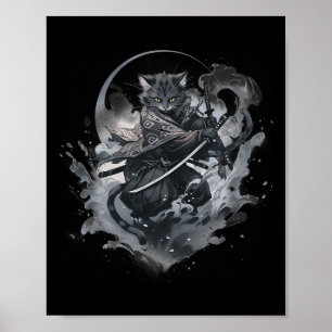 Póster Anime japonés, gato samurai, estética de guerrero 