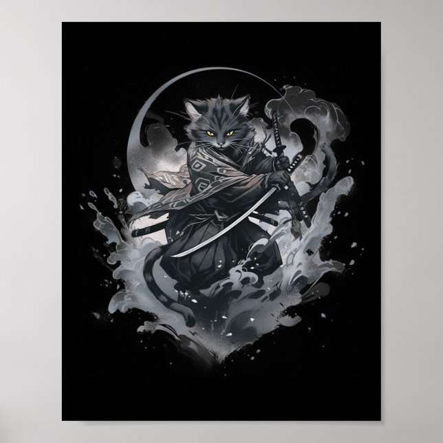 Póster Anime japonés, gato samurai, estética de guerrero  (Frente)
