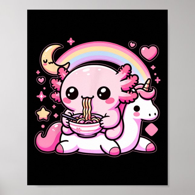Póster Anime Kawaii Axolotl Comer fideos Ramen Niños Tee (Frente)