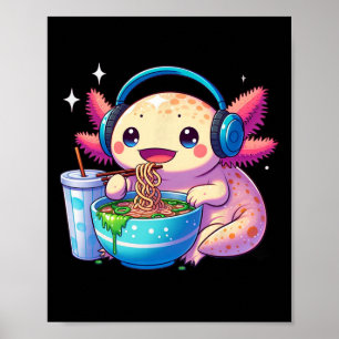Póster Anime Kawaii Axolotl Comer fideos Ramen Niños Tee