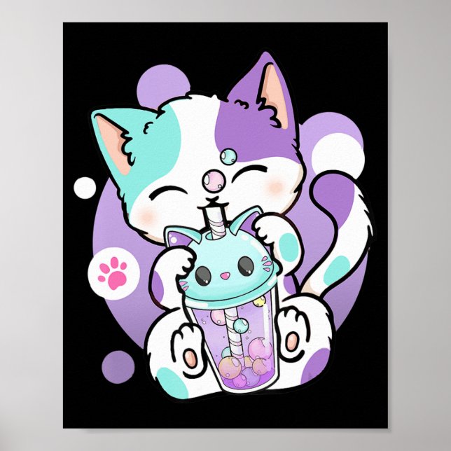 Póster Anime Kawaii Cat Boba Bubble Tea Neko Boba Tea Cat (Frente)