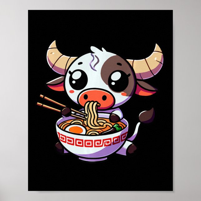 Póster Anime Kawaii Texas Cow come fideos de ropa de Rame (Frente)