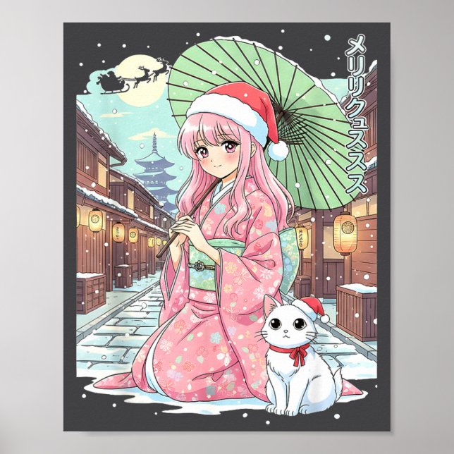 Póster Anime Kimono Girl Christmas Japan Cat Xmas Japan A (Frente)