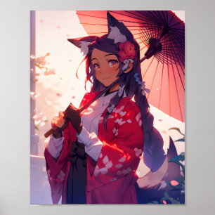 Póster Anime Kitsune Chica Cute Fox Fantasy Art