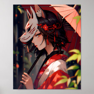 Póster Anime Kitsune Chica Cute Fox Fantasy Art