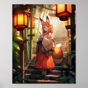Póster Anime Kitsune Chica Cute Fox Fantasy Art