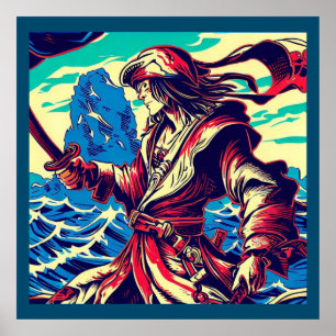 Póster Anime pirata de fantasía - Woodcut 2