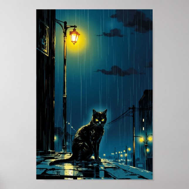 Póster Anime Rainy Night Cat Wall Art (Frente)