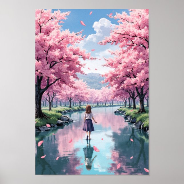 Póster Anime Spring Blossom River Wall Art (Frente)