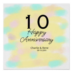 Póster aniversario de bodas 10 nombre pastel amarillo ret