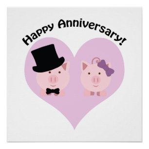 Póster Aniversario feliz pareja de cerdos