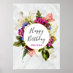 Póster Aniversario floral de color rosa y blanco moderno