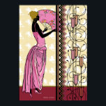 Póster ANJANETTE: Moda Art Deco en rosa y amarillo<br><div class="desc">Anjanette es otra de nuestras series de siluetas. Se encuentra justo más allá de un primer plano de las obras de arte deco, hierro y vidrio, y frente a un tapiz de flores -en silueta blanca- que combina con el diseño floral de su ventilador. Su vestido es un rediseño de...</div>