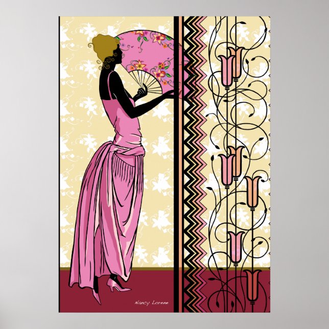 Póster ANJANETTE: Moda Art Deco en rosa y amarillo (Frente)
