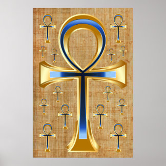 Póster Ankh egipcio - Diseño dorado y azul