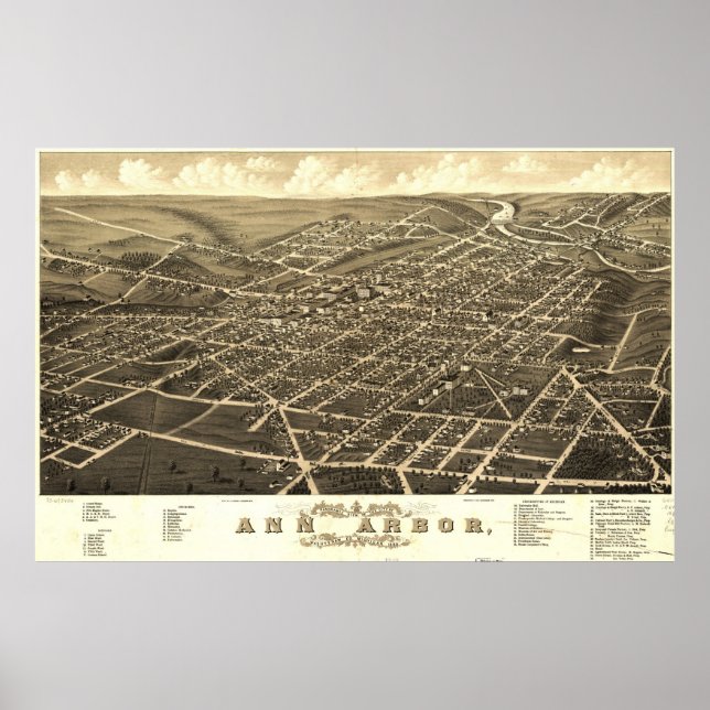 Póster Ann Arbor Birdseye Map (Frente)