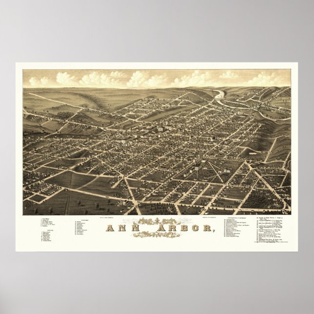 Póster Ann Arbor, Mapa Panorámico de MI - 1880 (Frente)