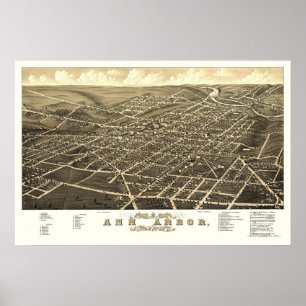 Póster Ann Arbor, mapa panorámico del MI - 1880