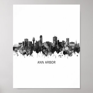 Póster Ann Arbor Michigan Skyline BW