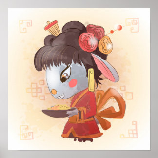 Póster Año acuarela del conejo, geisha