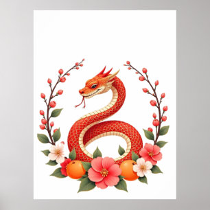 Póster Año de la serpiente chino lindo riendo, Sonriendo 