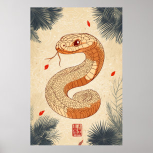 Póster Año de la serpiente majestuosa Cobra doble felicid