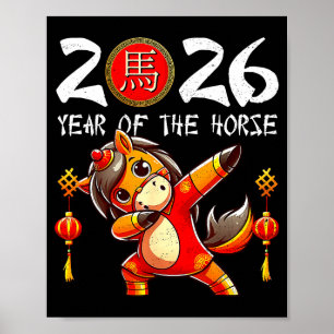 Póster Año del Caballo Año Nuevo Lunar Divertido Dabbing 