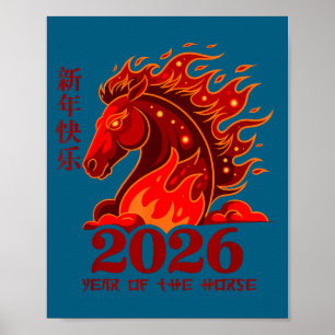 Póster Año del Caballo Lunar Chino Fuego Caballo